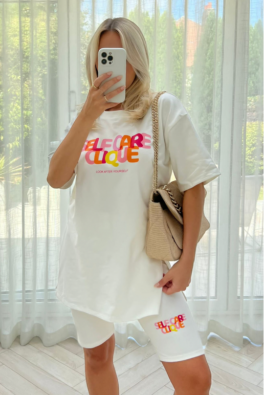 Self care clique cream printed cycling short coord