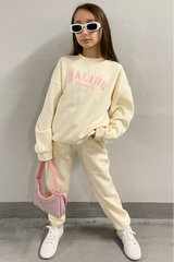 Mini Malibu Pink & Ecru Embroidered Oversized Sweater Loungewear Set Loungewear