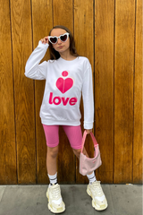 Mini Love Heart Pink Printed White Sweater Sweater
