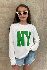 Mini New York Green Printed White Sweater Sweater