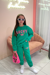 Mini Lucky You Green Oversized Printed Sweater Loungewear Set Loungewear