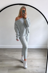 Bailey Grey Off Shoulder Cable Knit Coord Loungewear