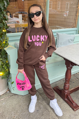 Mini Lucky You Chocolate Oversized Printed Sweater Loungewear Set Loungewear