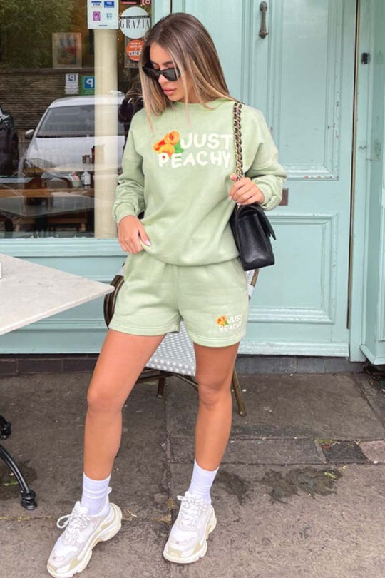 just peachy sage essential sweater short set