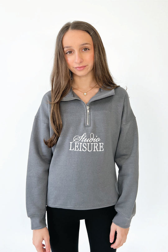 Mini studio leisure steel grey cursive embroidered 3/4 zip sweater