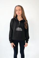 Mini studio leisure black cursive embroidered 3/4 zip sweater