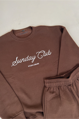 Mini embroidered chocolate Sunday Club sweater loungewear set