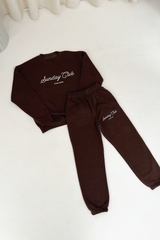 Mini embroidered chocolate Sunday Club sweater loungewear set