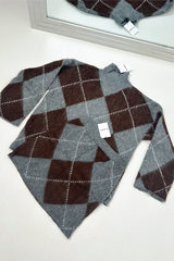 LAVERNE LIGHT GREY CHOCOLATE CHECKED HIGH NECK KNITTED JUMPER