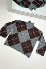 LAVERNE LIGHT GREY CHOCOLATE CHECKED HIGH NECK KNITTED JUMPER