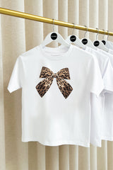 Mini leopard bow white printed t-shirt
