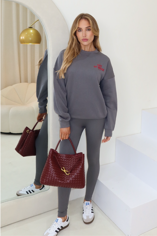 Out of office steel grey and red sweater & legging set