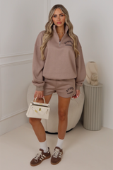 Studio Leisure mocha printed 3/4 zip sweater shorts loungewear