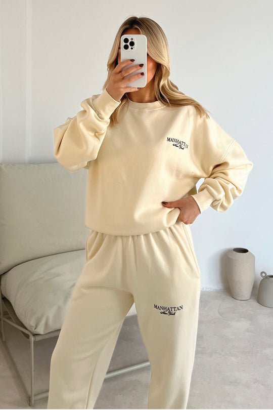 new york ecru and black embroidered sweater joggers premium loungewear