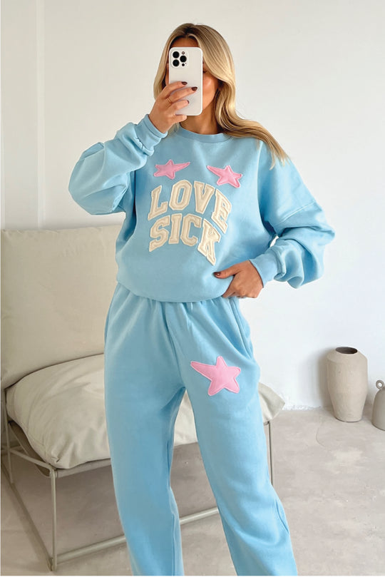 Love sick baby blue embroidered sweater joggers premium loungewear