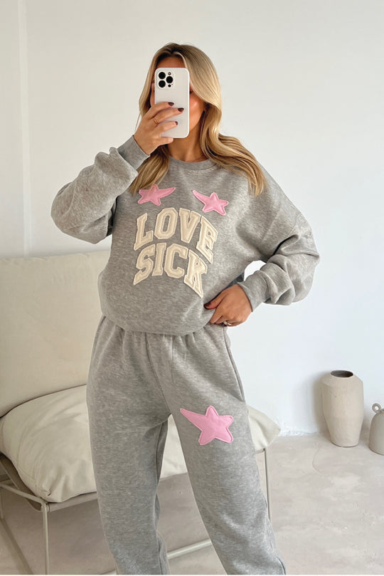 Love sick melange grey embroidered sweater joggers premium loungewear