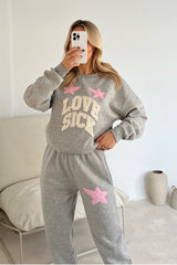 Love sick melange grey embroidered sweater joggers premium loungewear