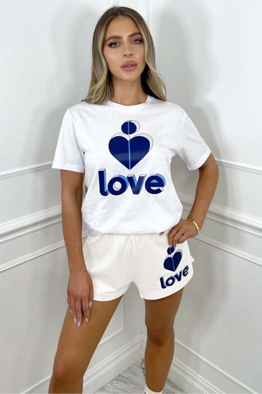 love heart blue & white printed short co-ord