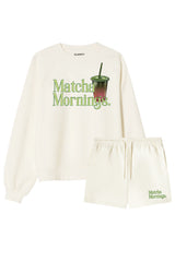 Matcha mornings ecru printed sweater shorts loungewear