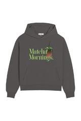 Matcha mornings steel grey printed premium relaxed hoodie