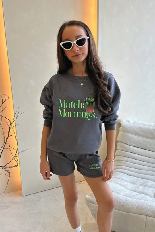 Mini matcha morning steel grey printed sweater shorts loungewear