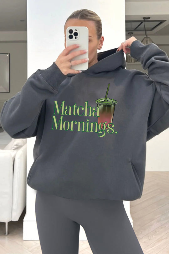 Matcha mornings steel grey printed premium relaxed hoodie