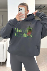 Matcha mornings steel grey printed premium relaxed hoodie