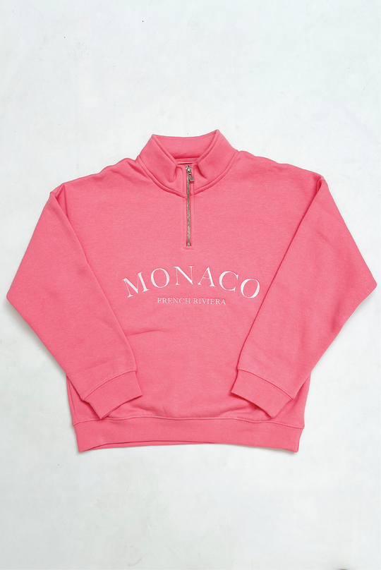 Mini monaco pink lemonade embroidered 3/4 zip sweater