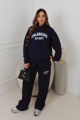 CALABASAS NAVY EMBROIDERED HOODIE & STRAIGHT LEG TROUSERS LOUNGEWEAR