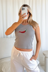 Chilli grey embroidered ribbed vest