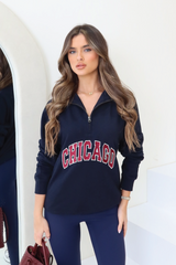 Chicago blue & burgundy embroidered 3/4 zip sweater