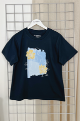 Fine line portrait navy printed heavyweight oversized t-shirt