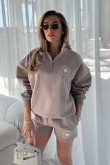 Hamptons mocha printed oversized 3/4 zip sweater shorts loungewear