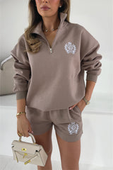 St Moritz mocha & white embroidered oversized 3/4 sweater shorts loungewear