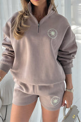 Hamptons mocha printed oversized 3/4 zip sweater shorts loungewear