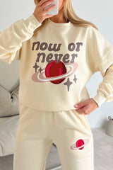 now or never ecru printed sweater joggers premium loungewear