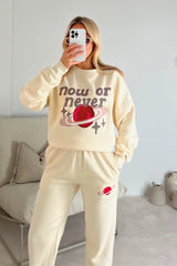 now or never ecru printed sweater joggers premium loungewear