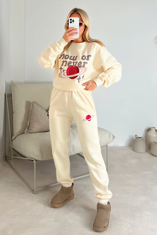 now or never ecru printed sweater joggers premium loungewear