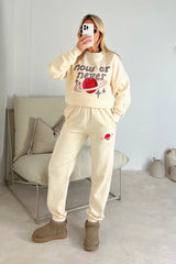 now or never ecru printed sweater joggers premium loungewear