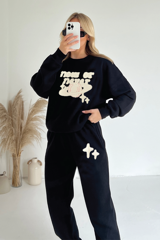 Now or never black embroidered sweater joggers premium loungewear