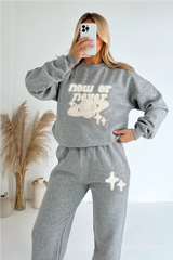 Now or never melange grey embroidered sweater joggers premium loungewear