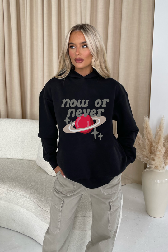 Now or never black printed  relaxed hoodie