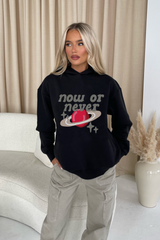 Now or never black printed  relaxed hoodie