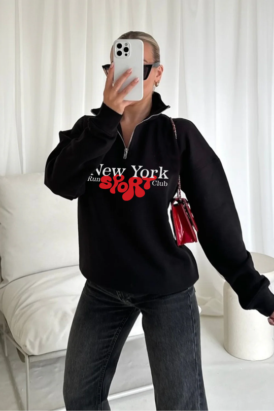 New York sport black 3/4 zip up printed sweater