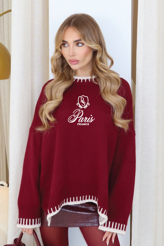 Paris embroidered burgundy knit jumper