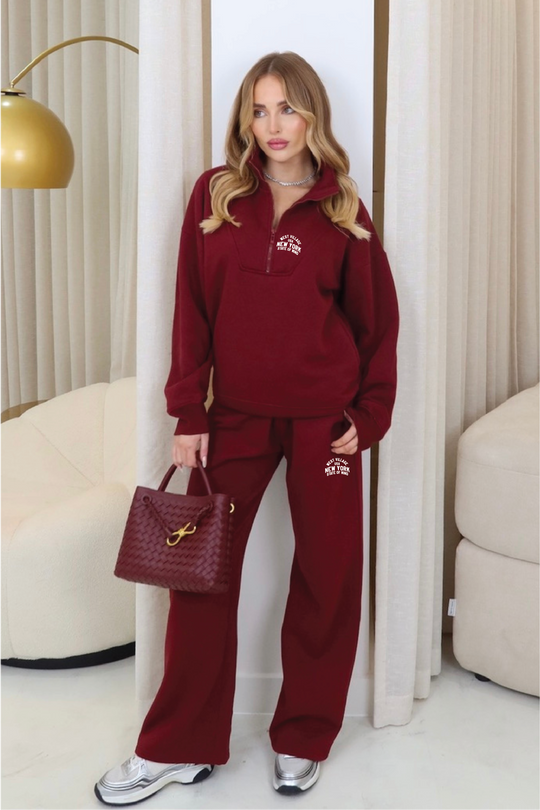 New York burgundy printed 3/4 zip sweater straight leg loungewear