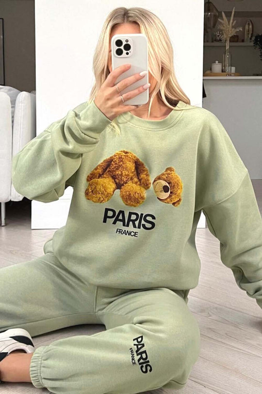 Teddy heads Off sage sweater loungewear set