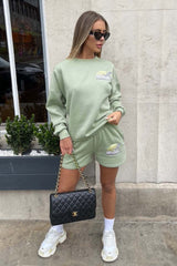 running club sage embroidered sweater short loungewear set