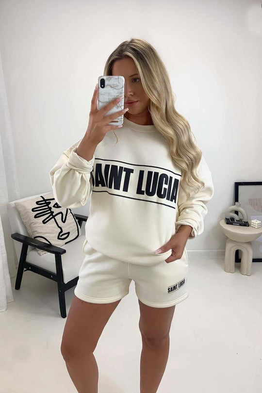 Saint Lucia Ecru Printed sweater short loungewear set