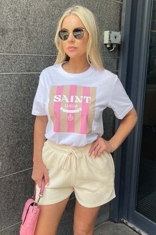 saint lucia white & stone print tee short co ord